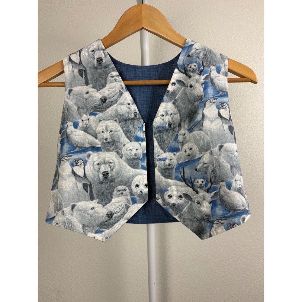 Kids Blue Reversible Vest Floral Embroidery Arctic Animal Polar Bear Print - Picture 5 of 7